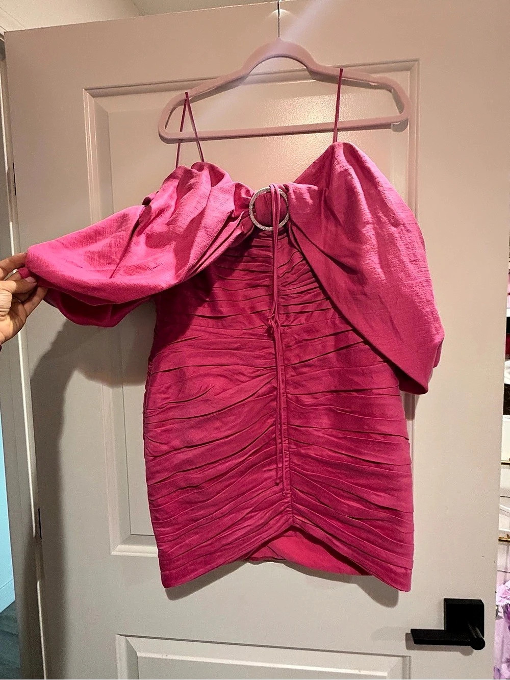 RASARIO Bow Embellished Draped Off the Shoulder Pink Linen Mini Dress Pink Linen